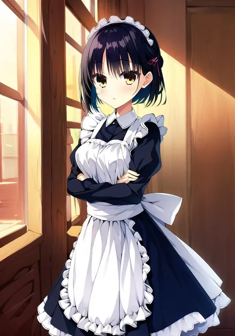 masterpiece, best quality, 1 girl, <lora:shikiNatsumeCafStellaToShinigamiNoChou_v1E2:0.9>, black hair, yellow eyes, maid outfit, medium breasts, coffee shop, cowboy shot