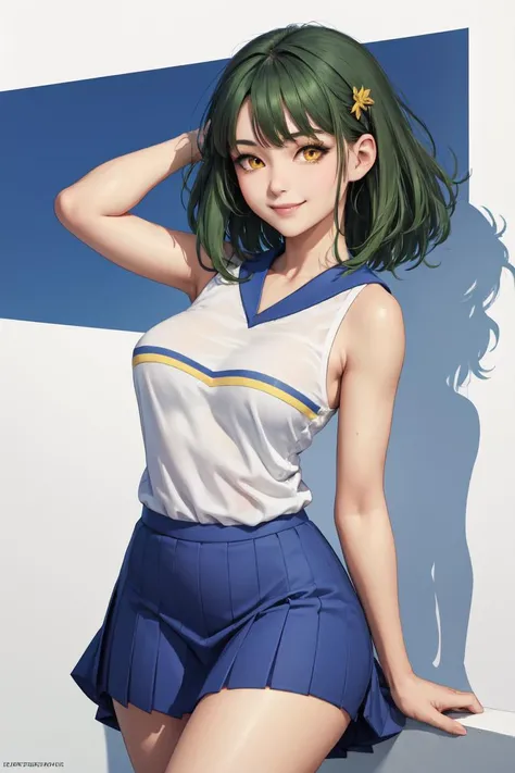 masterpiece, best quality, absurdres, perfect anatomy, 1girl, solo, green hair, medium hair, medium breasts, yellow eyes, HaruCheerUniform, blue skirt, smile