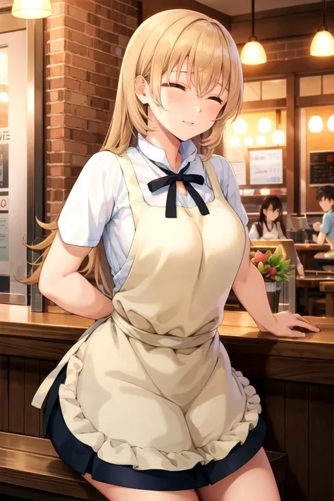 anime girl in a restaurant with a apron and a flower