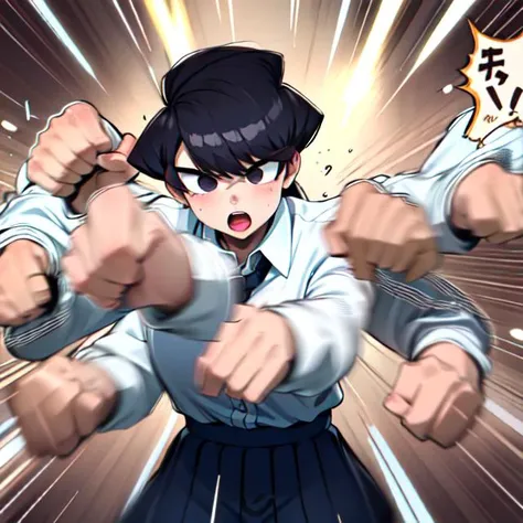 <lora:rushpunch001:0.6>, 1girl,solo,komi shouko, rushpunch,punching,clenched hands, motion lines,multiple hands,extra arms,motion_blur,afterimage, incoming attack,   <lora:komiCantCommunicate:0.7>