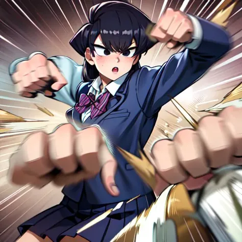 <lora:rushpunch001:0.6>, 1girl,solo,komi shouko, school uniform, jacket, bowtie, rushpunch,punching,clenched hands, motion lines,multiple hands,extra arms,motion_blur,afterimage, incoming attack,   <lora:komiCantCommunicate:0.7>