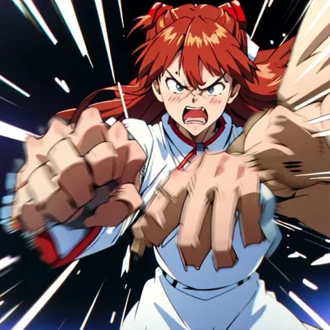 1girl,solo, asuka, red long hair, cream dress, angry face, rushpunch, punching, clenched hands, motion lines, ((multiple hands)), extra arms, motion_blur, afterimage, incoming attack,  <lora:rushpunch001:0.5>,  <lora:evangelion_anime_style_offset:0.8>