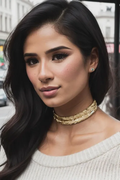 dianeG1 piercing eyes, looking straight, very happy,long hair, wearing an off-shoulder sweater, gold choker, closeup portrait, in a outdoor cafe in 2015, afternoon light