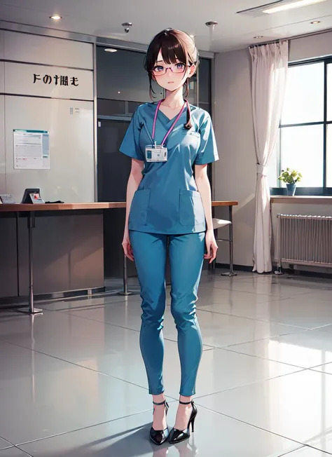 ((best quality)), ((highly detailed)), masterpiece, absurdres, detailed face, beautiful face, (detailed eyes, deep eyes), (1girl), (glasses), full body, very wide shot, <lora:ClothingMedicalScrubs0:1>, pink scrubs, pants, name tag, high heels, , inside, in...