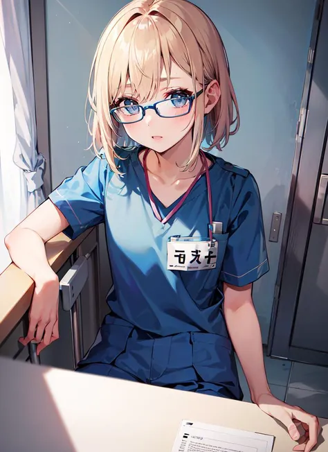 ((best quality)), ((highly detailed)), masterpiece, absurdres, (detailed eyes, deep eyes), (1girl), (glasses), from the front, propped up on one elbow (resting), <lora:ClothingMedicalScrubs0:1>, blue scrubs, pants, name tag, , inside, in a hospital