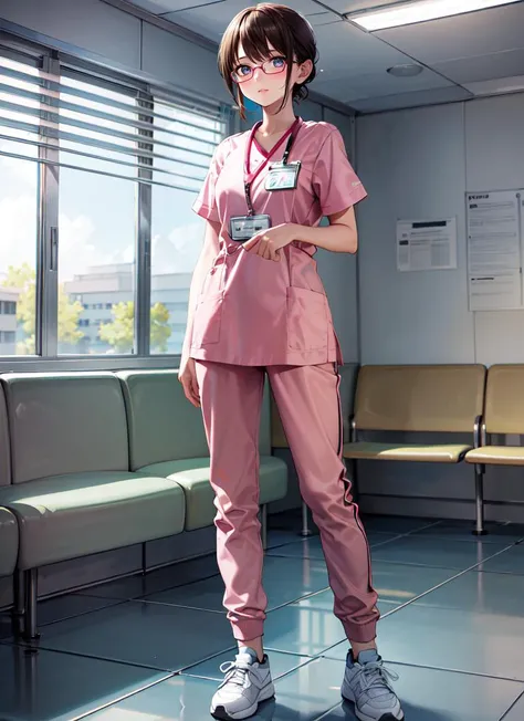 ((best quality)), ((highly detailed)), masterpiece, absurdres, (detailed eyes, deep eyes), (1girl), (glasses), full body, <lora:ClothingMedicalScrubs0:1>, pink scrubs, pants, name tag, sneakers, <lora:hairdetailer:.5>, , inside, in a hospital