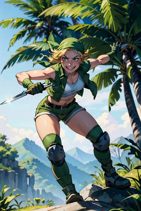 EriDef,blonde hair, vest, green bandana, crop top,medium breasts,gloves, short shorts, navel, belt, knee pads, looking serious, evil grin, action shot, holding knife, outside, jungle, trees, natural lighting, high quality, masterpiece, <lora:LoRA_Eri:.8>