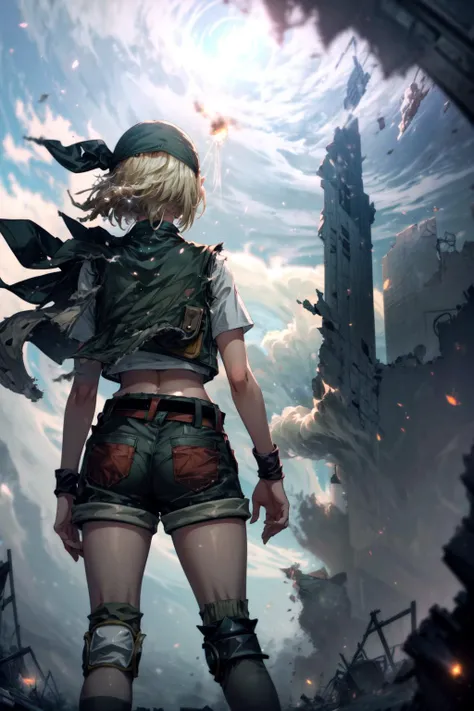 masterpiece,best quality,1girl,mature female,EriDef,brown eyes,colored eyelashes,eyelashes,blonde hair,vest,(bandana),shorts,navel,midriff,crop top,belt,short shorts,hat,knee pads,ruins,wasteland,day,wind,((dust cloud,fog,smoke,light particles)),from behin...