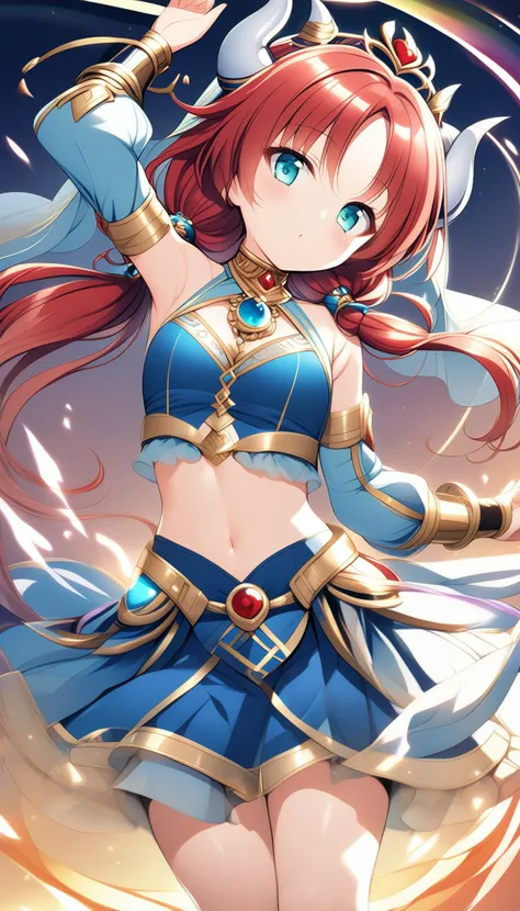 1girl, solo, back light, rainbow, aqua eyes, fake horns, red hair, long hair, crop top, jewelry, horns, veil, bracer, brooch, puffy long sleeves, skirt, bangs, low twintails, puffy sleeves, neck ring, gold trim, parted bangs, arm up, blue skirt, hair ornam...