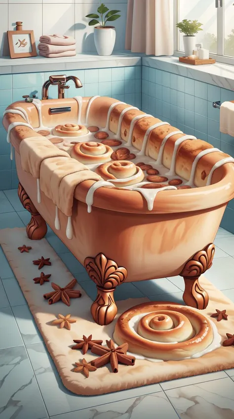 there is a bathtub with rolls and starfishs on the floor