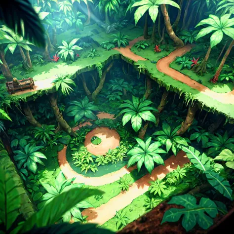 a close up of a jungle with a path and trees