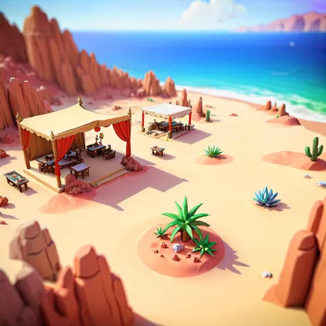 a close up of a desert area with a gazebo and a beach