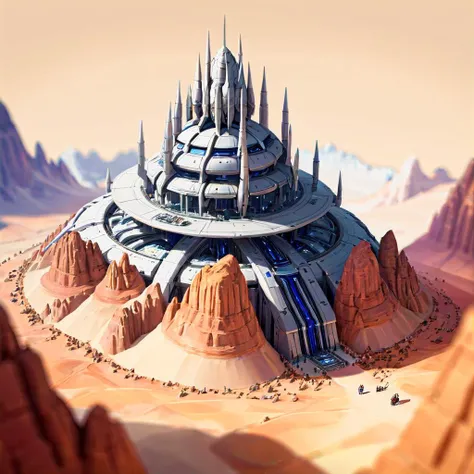 mountain desert, Far-reaching, megastructure , science fantasy tilt-shift, high angle <lora:Stylized_Setting_SDXL:1.0> Isometric_Setting