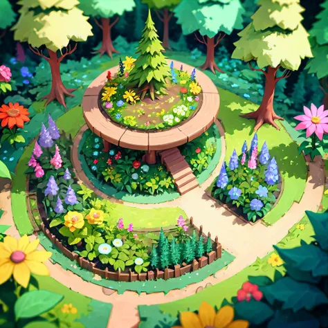 a close up of a small garden with a circular table surrounded by flowers