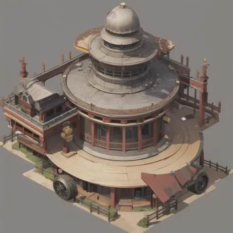 (masterpiece), absurdres <lora:Isometric_Setting:0.7>, Isometric_Setting, Asian curved metal roof, real time strategy, isometric, simple, rustic, open sides, spoked wheels, steampunk motif