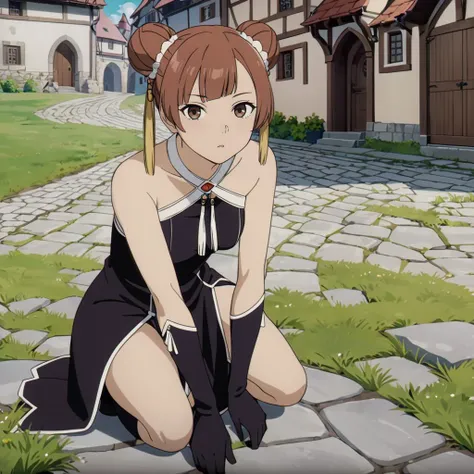 anime girl in black dress kneeling on stone path in front of a house