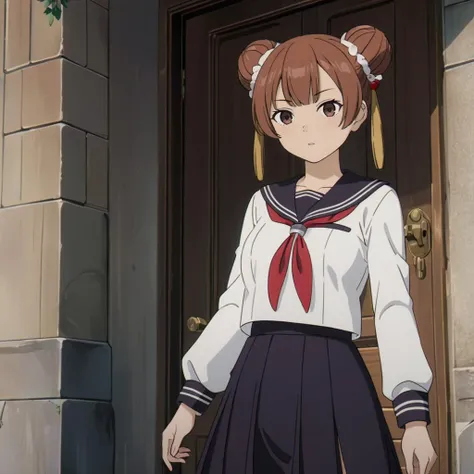 <lora:LaufenXL002>,<lora:DetailedEyes_V3:1.6>,
solo,
anime screencap,
Laufen,1girl,brown hair,double bun,brown eyes,hair_ornament,
cowboy shot,long_sleeves,school_uniform,serafuku,black sailor color,white shirt,pleated_skirt,black skirt,