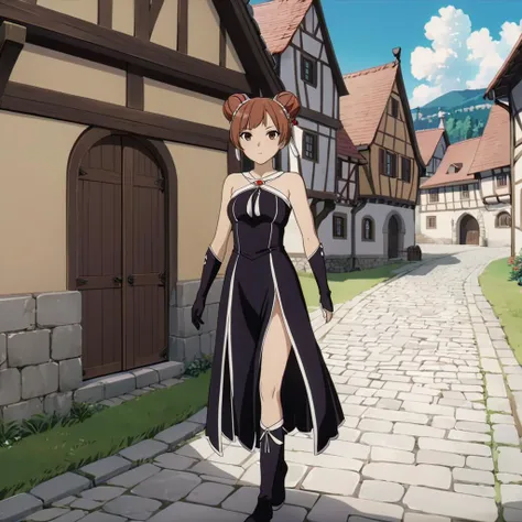 a woman in a black dress walking down a cobblestone street