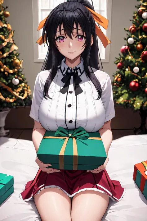 1girl, looking at viewer, cute,  huge breasts, pink eyes, akeno himejima, school uniform:1.4, black hair, long hair, detailed eyes, hair between eyes, bangs, orange hair ribbon, a large present box, put breasts on box, holding a box with hands, smile, brea...