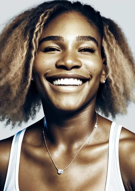 a close up of a woman with a tennis racket smiling