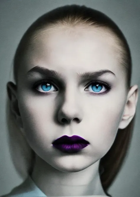 a close up of a woman with a purple lipstick and a blue eye