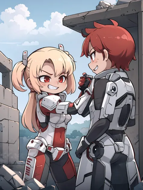 masterpiece, best quality,
chibi,
ruins, cloudy sky,
1girl, cowboy shot, fighting stance, evil grin, firing, arm cannon, laser,
pink mechaarmor, armor, short twintails, red eyes, blonde hair,
<lora:mechaarmor_v0.7:0.8>