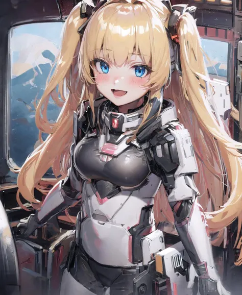 (masterpiece),( high quality), (highres,Highest picture quality), jougasaki rika, 1girl, blonde hair, long hair, solo, blue eyes, two side up, smile, blush, open mouth, bangs, breasts, mechaarmor, inside space station,