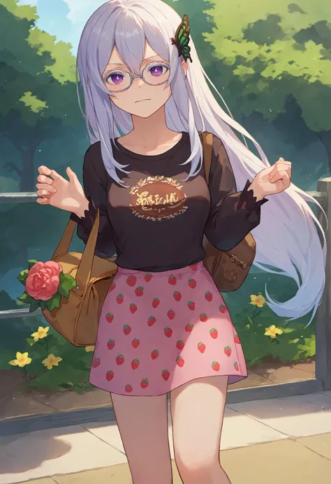 anime girl with glasses and a pink skirt walking down a sidewalk