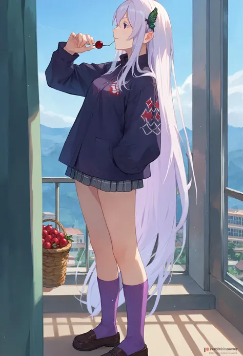 anime girl with long white hair and purple socks standing on balcony