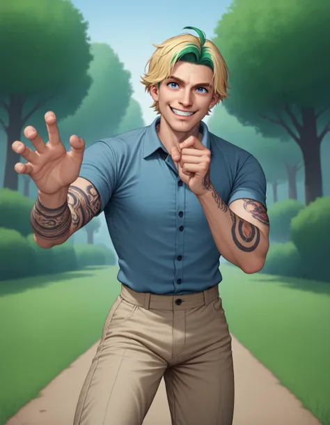 1boy, male focus, solo, smile, pokemon gym trainer Steve Irwin, australian, friendly, blonde hair, green hair, two tone hair, tattoos, snake bite piercing, short hair, closed mouth, blue eyes, collared shirt, khaki shirt, khaki pants, depth of field, outdo...