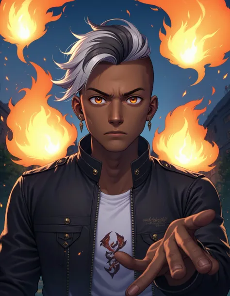 1boy, brown eyes, jewelry, closed mouth, jacket, dynamic pose, grey hair, male focus, multicolored hair, earrings, dark skin, dark-skinned male, orange eyes, floating hair, glowing, dark-skinned male, fire, undercut, fiery hair, eyebrow cut, source_anime, ...