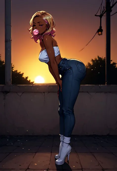 score_9, score_8_up, score_7_up, score_6_up BREAK solo,outdoors,looking at viewer,big butt,from side,bent over,arm support,sunset,high-waist jeans,tube top,gyaru,wink,bubblegum, wearing thigh high tube socks only,