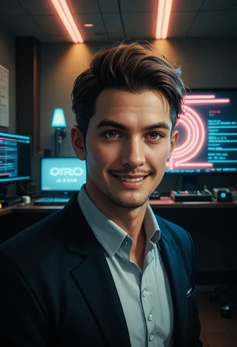 score_9, score_8_up, score_7_up, score_6_up, score_5_up, score_4_up, 1boy, male focus, solo focus, brown hair, brown eyes, smile, facial hair, stubble, looking at viewer, full body, indoors, professional office, a singular professional CEO desk, minimalist...