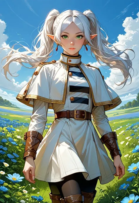 score_9, score_8, score_7, a high detail RAW color professional photo of a 30yo beautiful stunning woman posing for a picture, Expressiveh, FrierenBase, green eyes, white hair, long hair, twintails, earrings, white capelet, striped shirt, long sleeves, bel...