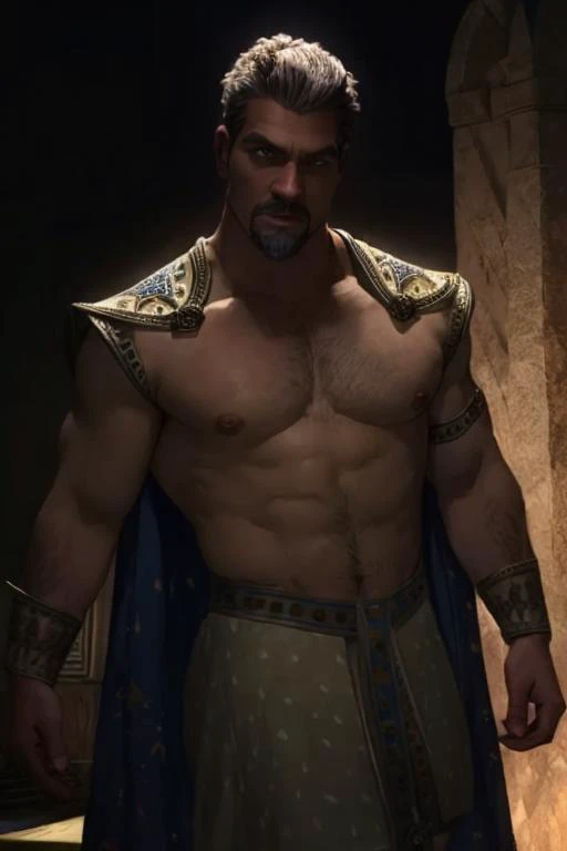 <lora:King_Magnifico_Lora:0.8> king magnifico, shirtless, cape, sharp, dramatic lighting