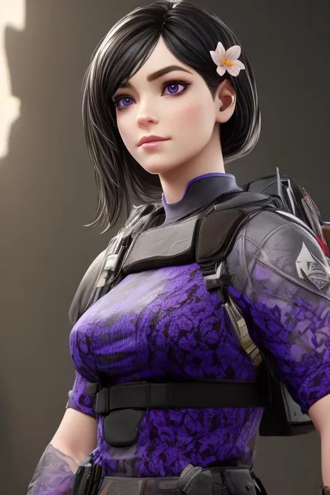 realistic, masterpiece, profesional image trending on artstation of 1 gilr Aruni,<lora:Aruni_from_Rainbow_Six_Siege:0.76> 1girl, aruni , purple eyes, slender, small breasts, black hair, flower in hair, scar on face, dynamic pose , (((in dark dungeon  backg...