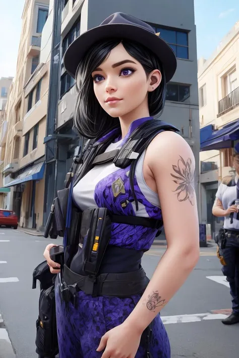 realistic, masterpiece, profesional image trending on artstation of 1 gilr Aruni,<lora:Aruni_from_Rainbow_Six_Siege:0.76> 1girl, aruni , purple eyes, slender, small breasts, black hair, flower in hair, scar on face,button-up vest, pinstripe trousers, and f...