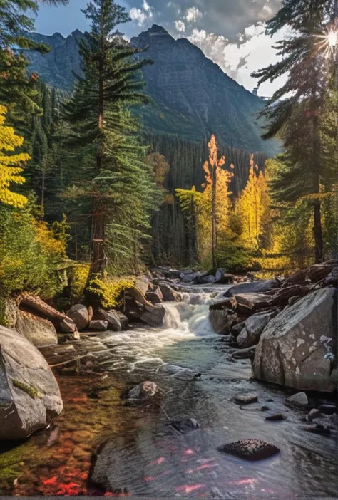 (Glossy HDR contrast)(Neutral density gradient filter sky)(bright over-saturated floor level photo within Canadian Mountain Range, National Park height of fall colors)(reds, yellows)(cold air after heavy rainfall rushing molten river torrent)(perfect PM li...