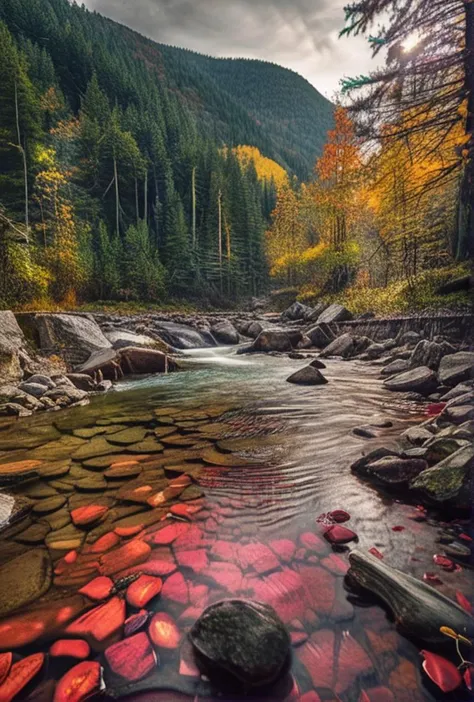 (Glossy HDR contrast)(Neutral density gradient filter sky)(bright over-saturated floor level photo within Canadian Mountain Range, National Park height of fall colors)(reds, yellows)(cold air after heavy rainfall rushing molten river torrent)(perfect PM li...