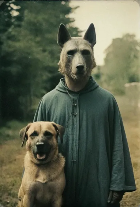 arafed man in a green hooded jacket standing next to a dog