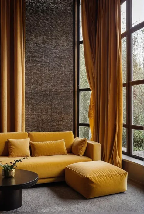 a close up of a couch and ottoman in a room with large windows