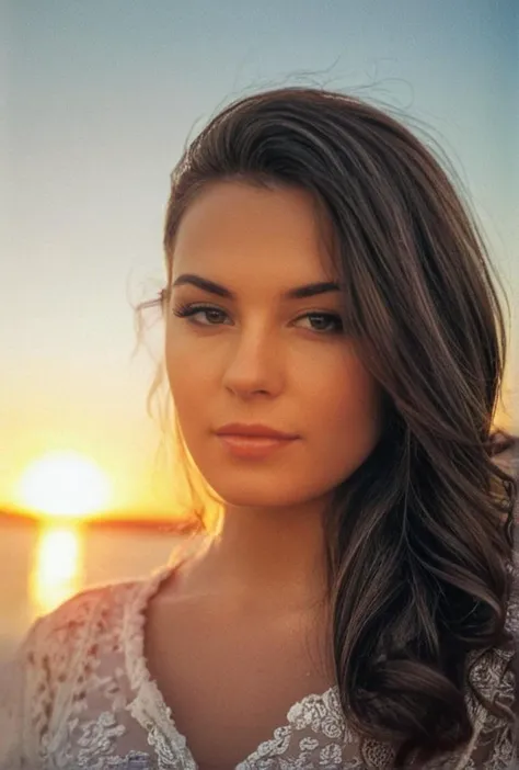 a woman with long hair and a white dress standing in front of a sunset