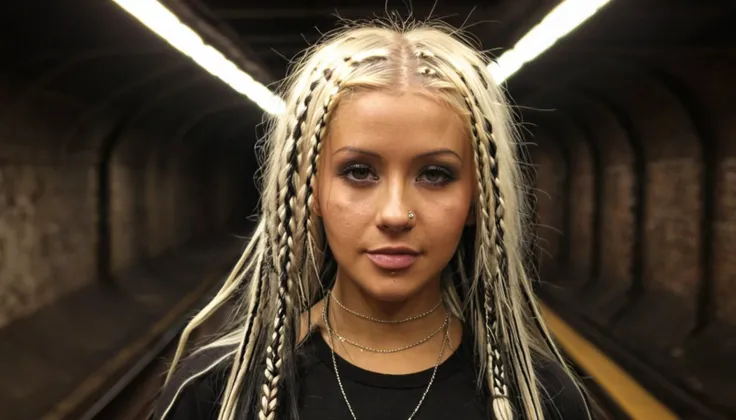 <lora:B972B19CA5:0.7> upper body candid photograph of Christina Aguil, blonde with black highlights braids hairstyle, nose and chin piercing, wearing a black t-shirt, looking at viewer, posing in a subway tunnel, shallow depth of field, vignette, highly de...