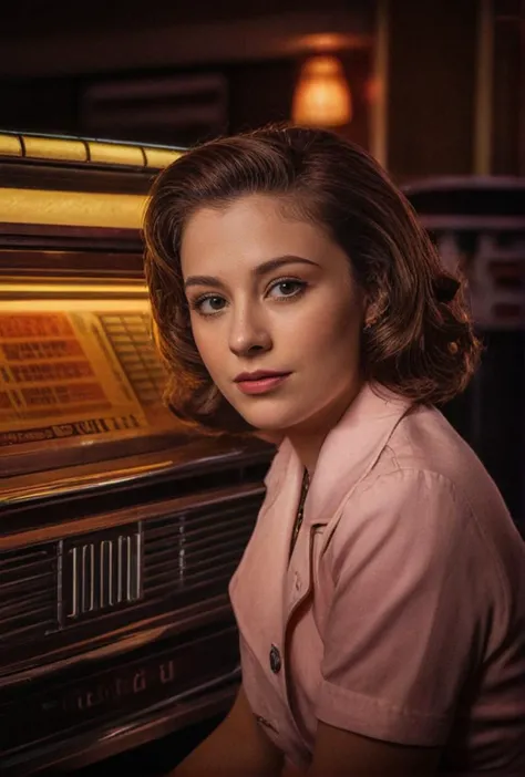 (Portrait Photo of an actress in 1960s attire, leaning against a classic diners jukebox, under vibrant and contrasting lighting, from a slightly tilted angle, embodying the mood of cool and retro)((dodge and burn, corner edge darken vignette)((exposure POP...