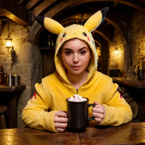 closeup portrait <lora:licollins2_xl_2_standard:1.1>, (34 years old), wearing a Pikachu suit, sitting inside a medieval tavern, holding a hot cocoa with marshmallows, low lighting