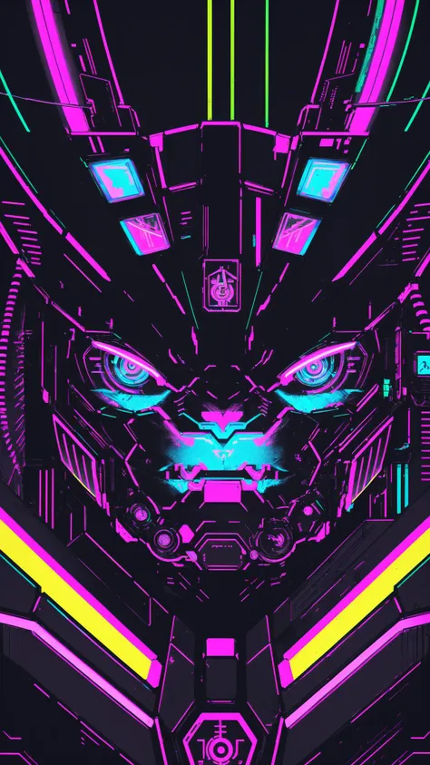 a close up of a neon robot face on a black background