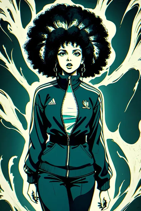 (sfw:1.2) hysterical  afro-caribbean woman wearing  pulp horror tracksuit, surreal baroque pulp horror  background, ivory&teal-retro-style