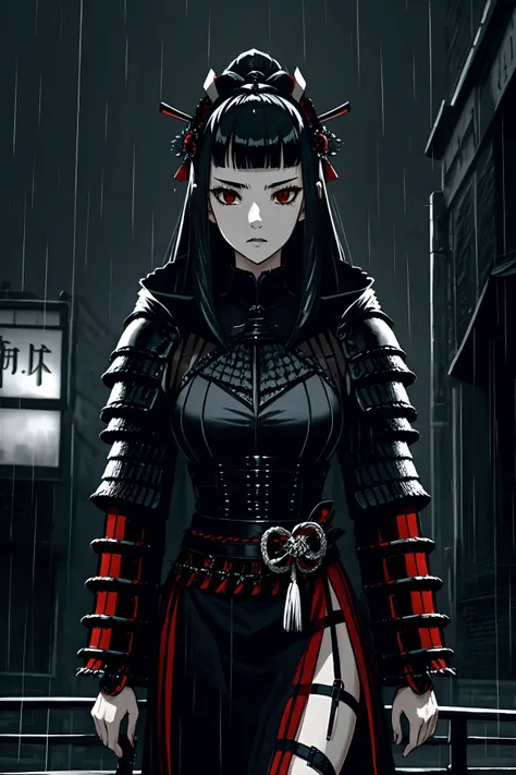 anime girl in armor with sword and sword in the rain