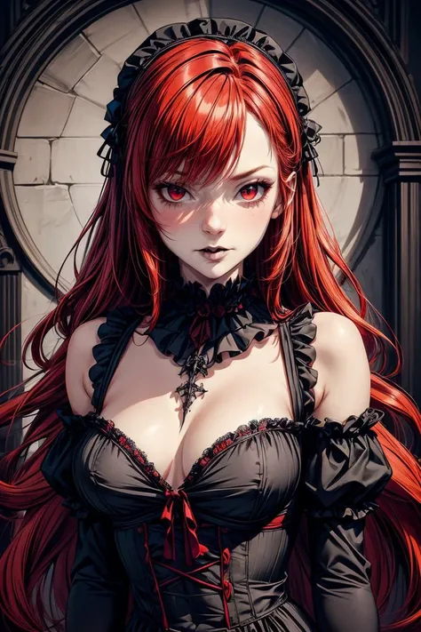 (masterpiece, best quality), 1girl, red hair, medium chest, gothic frill dress, pervert face, <lora:add_detail:1>