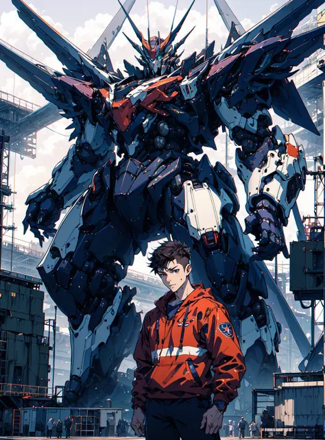 a man standing in front of a giant robot with a sky background